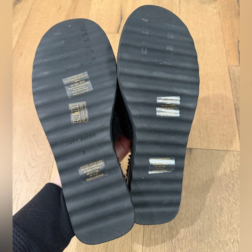Tory Burch Suede and Shearling Slipper Slides Size 8 Black Flats Slip ons